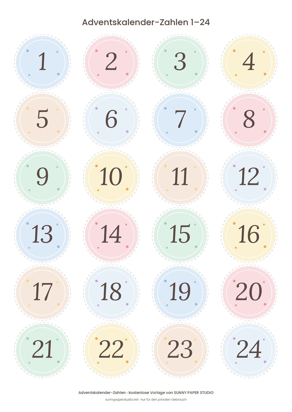Adventskalender-Zahlen 1 bis 24 in Pastellfarben zum Ausdrucken