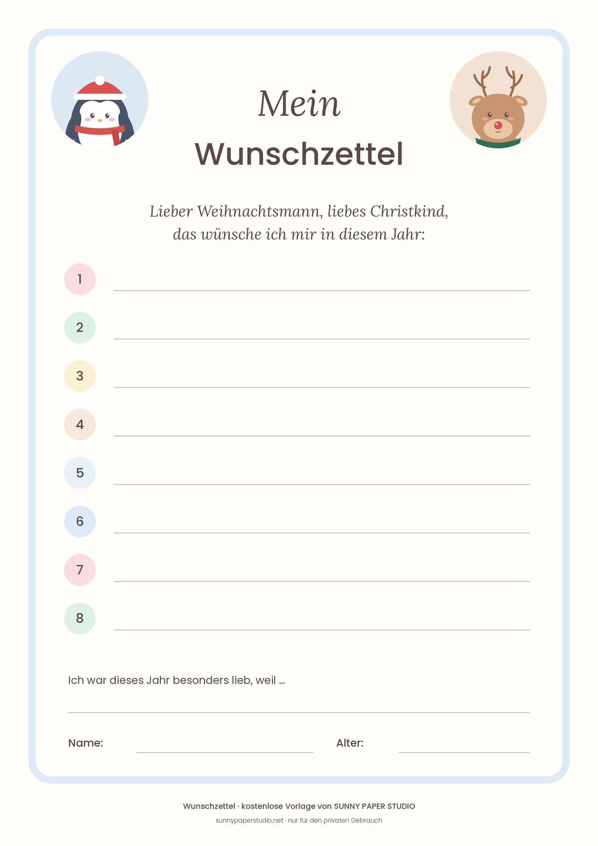 Wunschzettel für Kinder mit Pinguin und Rentier zum Ausdrucken