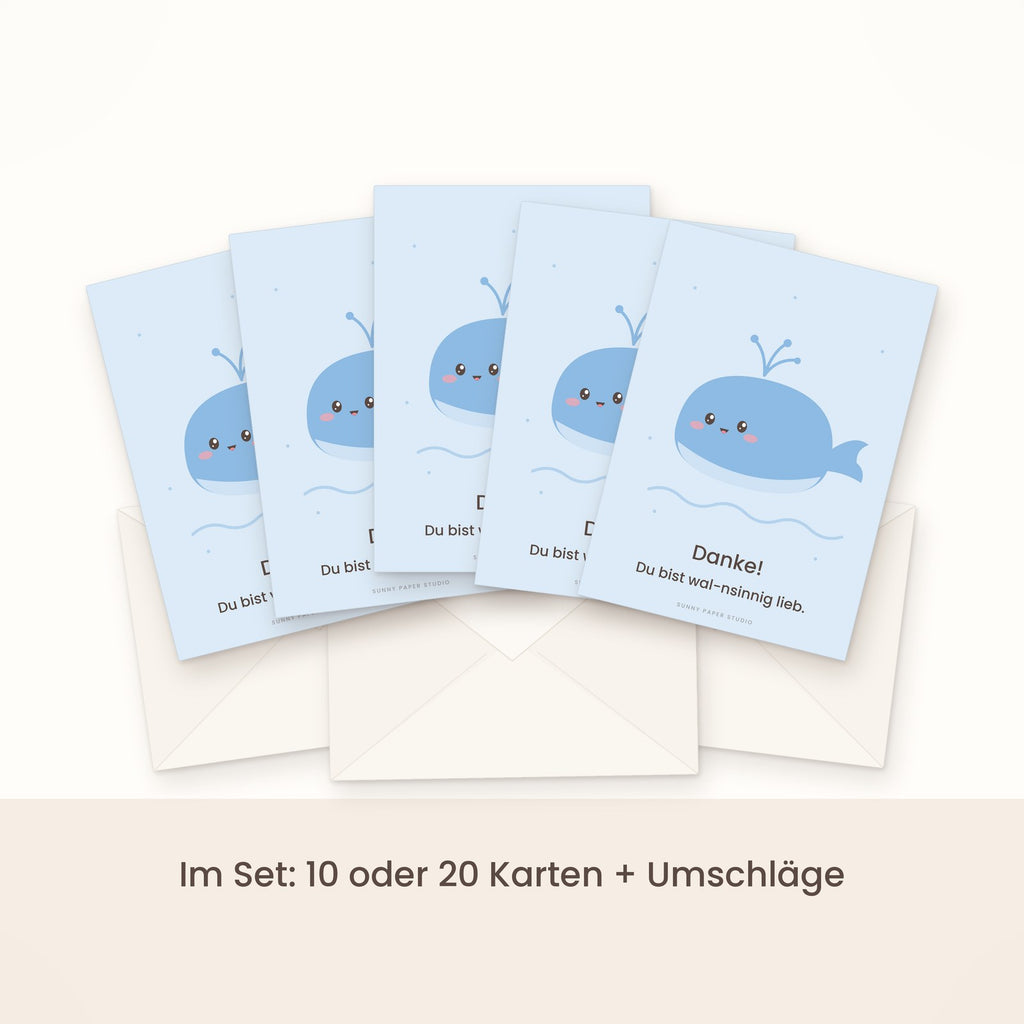 Dankeskarte Wal im Set gefächert mit Umschlägen