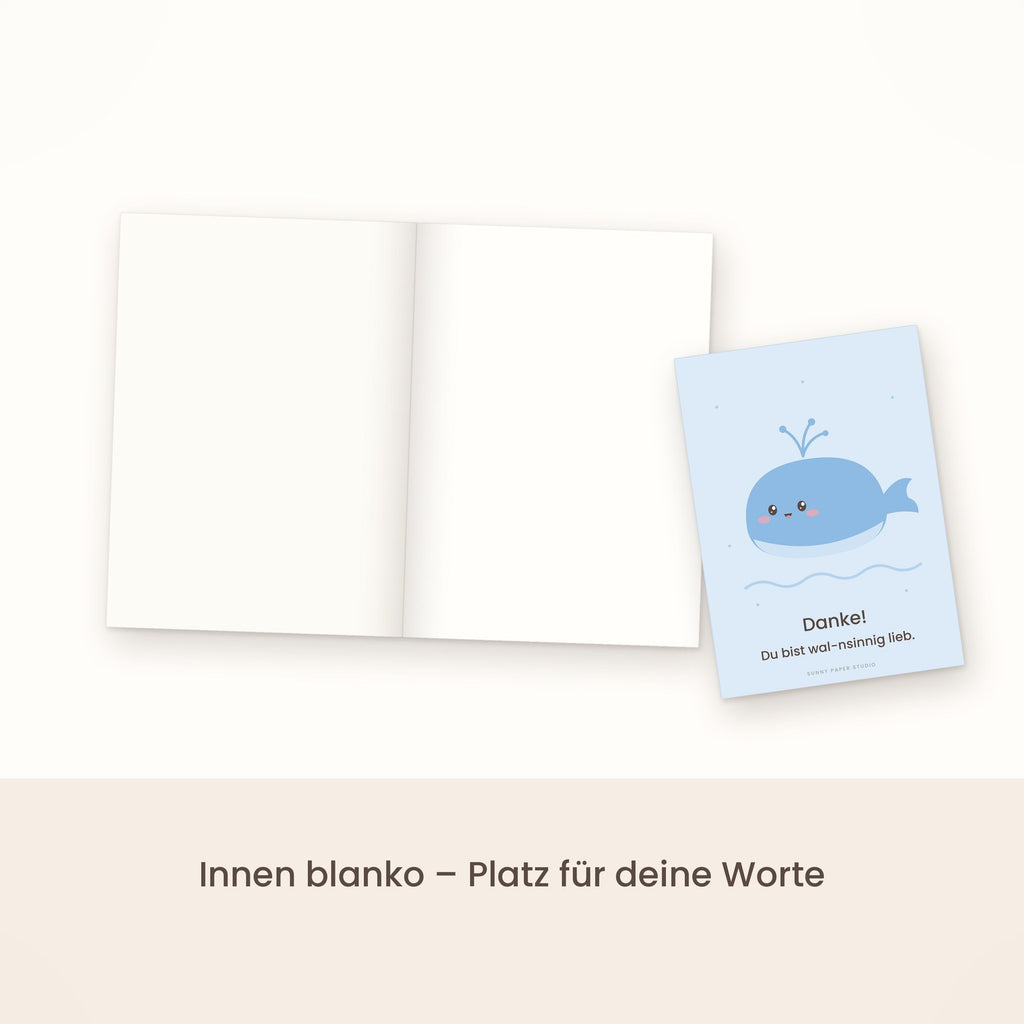 Dankeskarte Wal aufgeklappt, innen blanko