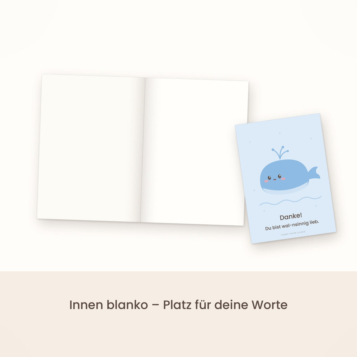 Dankeskarte Wal aufgeklappt, innen blanko