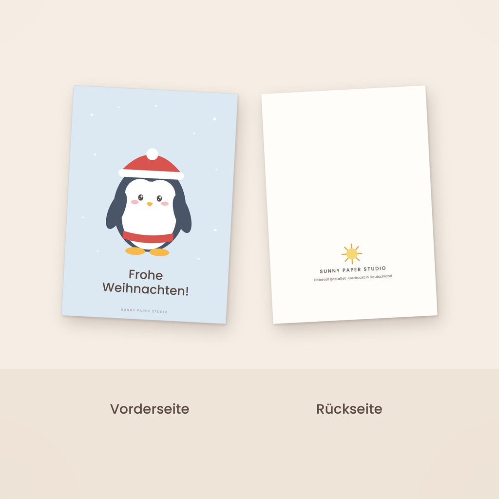 Weihnachtskarte Pinguin Vorder- und Rückseite