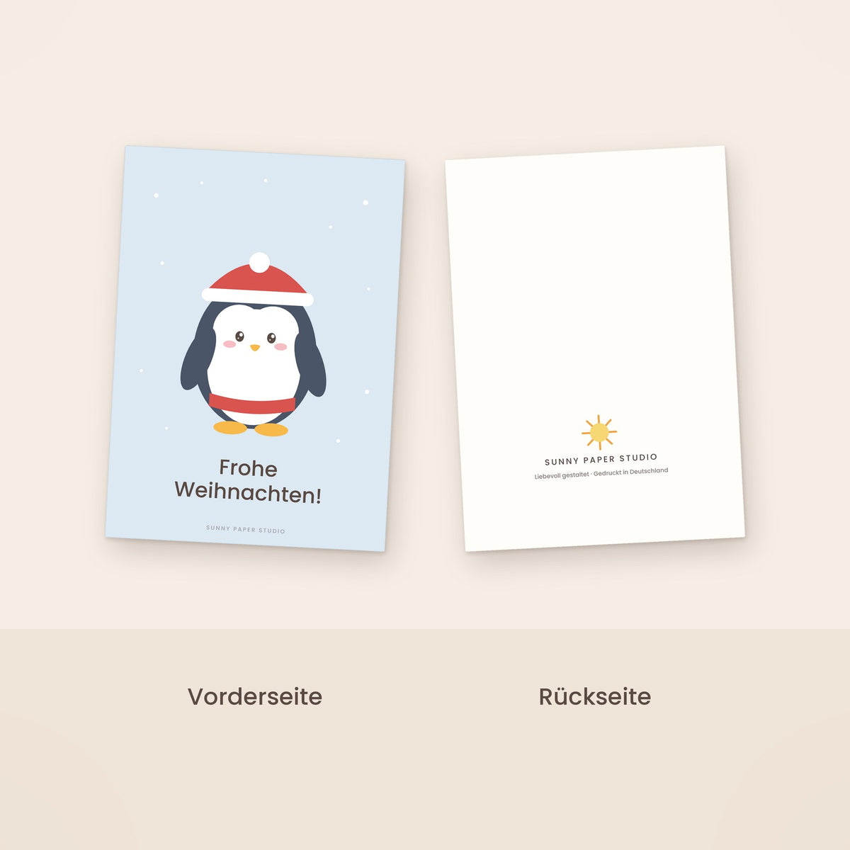 Weihnachtskarte Pinguin Vorder- und Rückseite