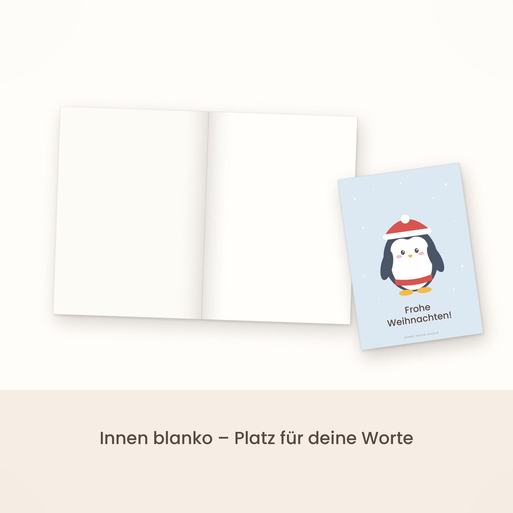 Weihnachtskarte Pinguin aufgeklappt, innen blanko