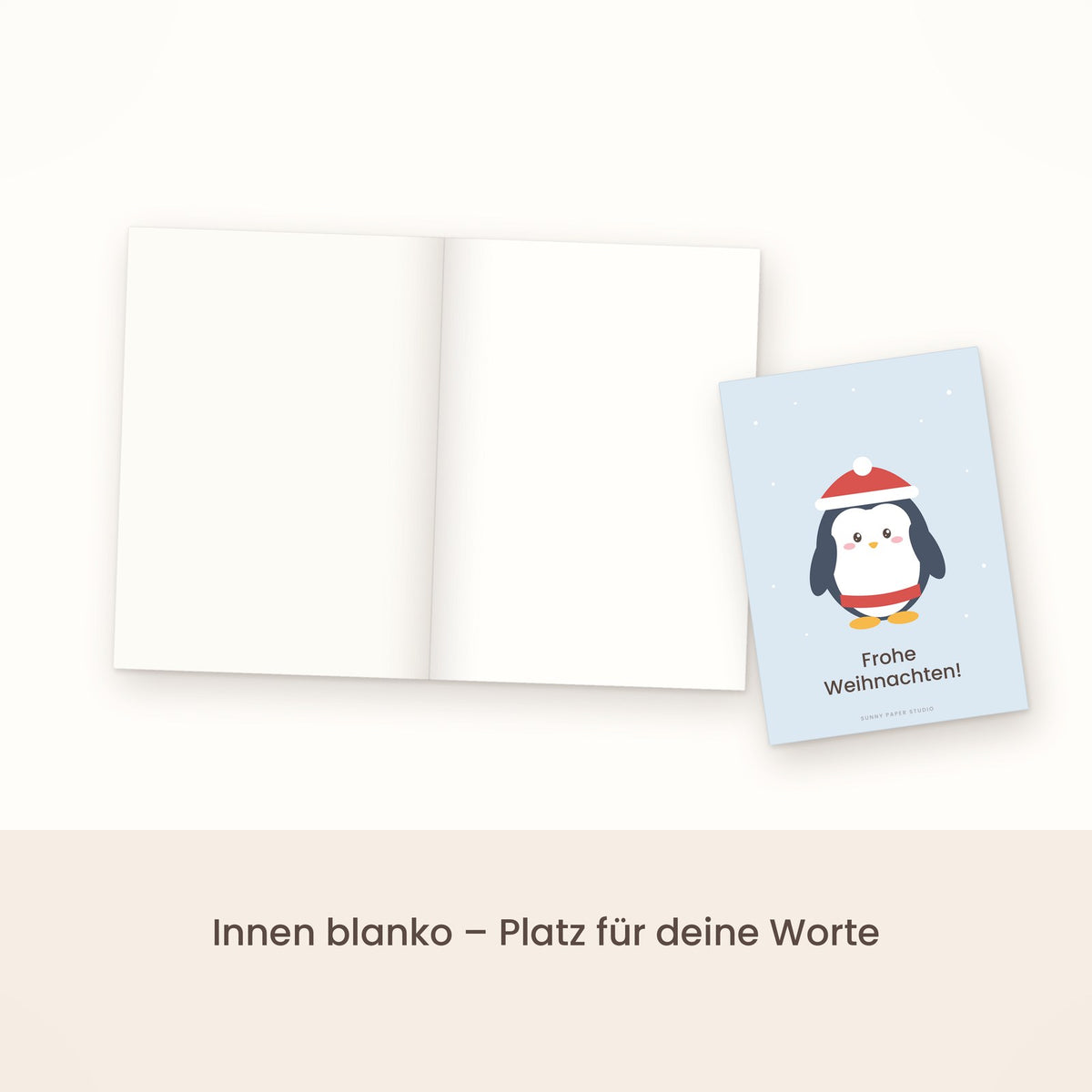 Weihnachtskarte Pinguin aufgeklappt, innen blanko