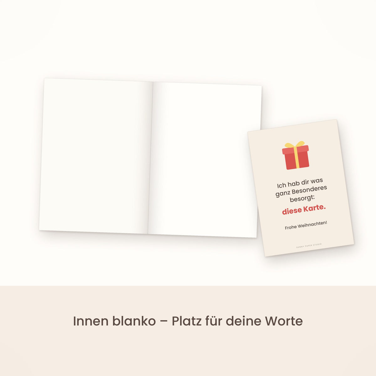 Lustige Weihnachtskarte aufgeklappt, innen blanko