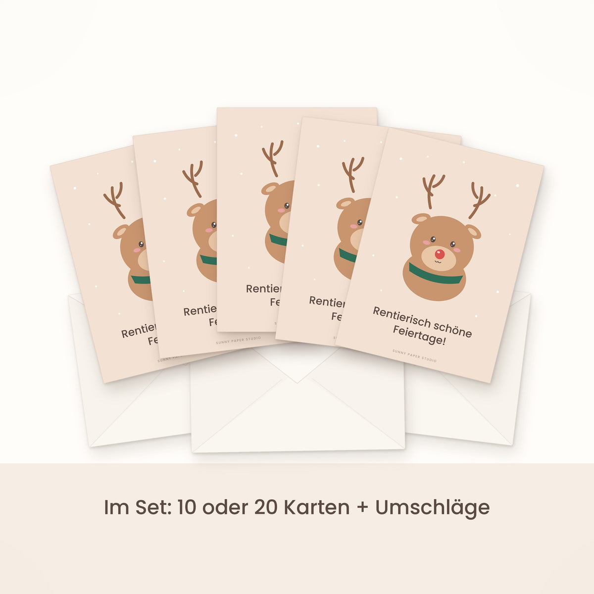 Weihnachtskarte Rentier im Set gefächert mit Umschlägen