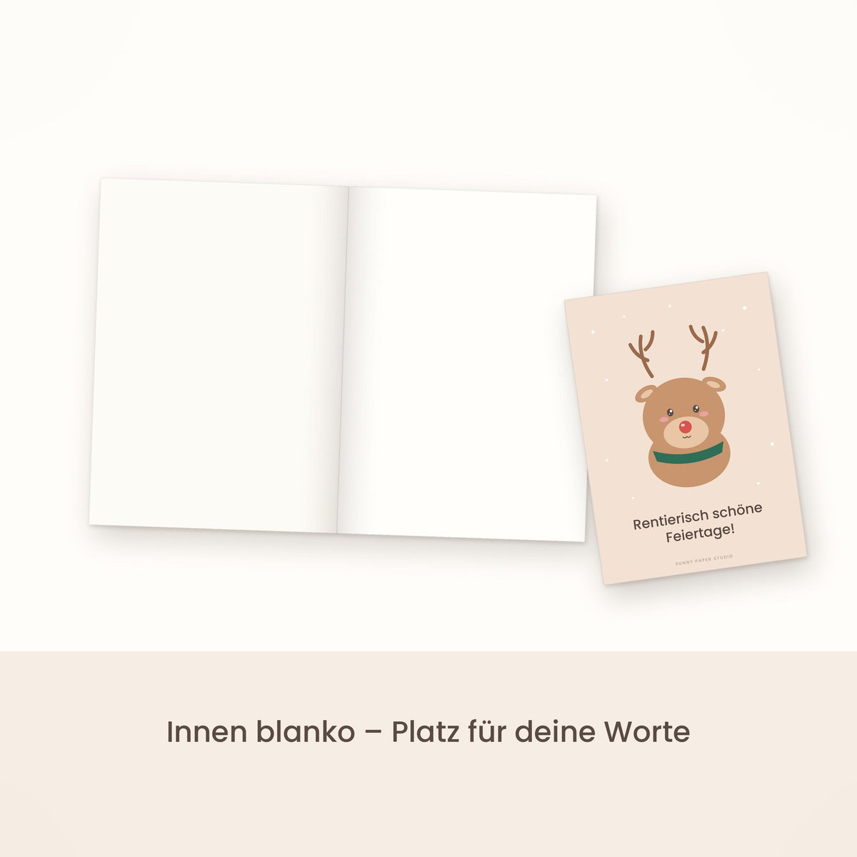 Weihnachtskarte Rentier aufgeklappt, innen blanko