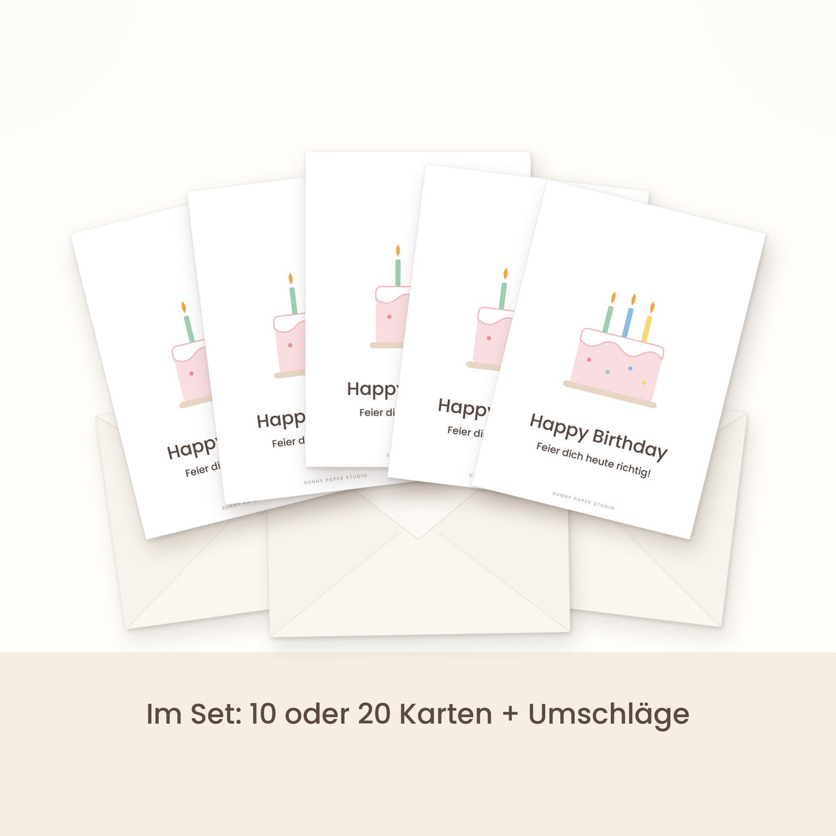 Geburtstagskarte Kuchen im Set gefächert mit Umschlägen