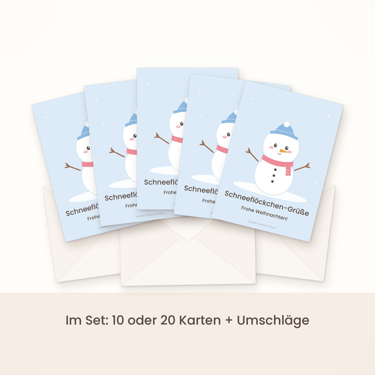 Weihnachtskarten Schneemann im Set gefächert mit Umschlägen