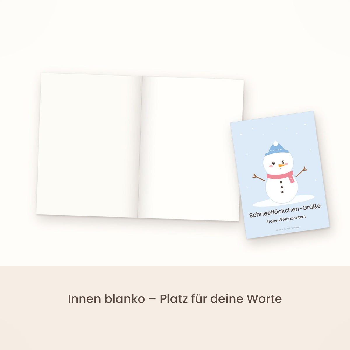 Weihnachtskarte Schneemann aufgeklappt, innen blanko