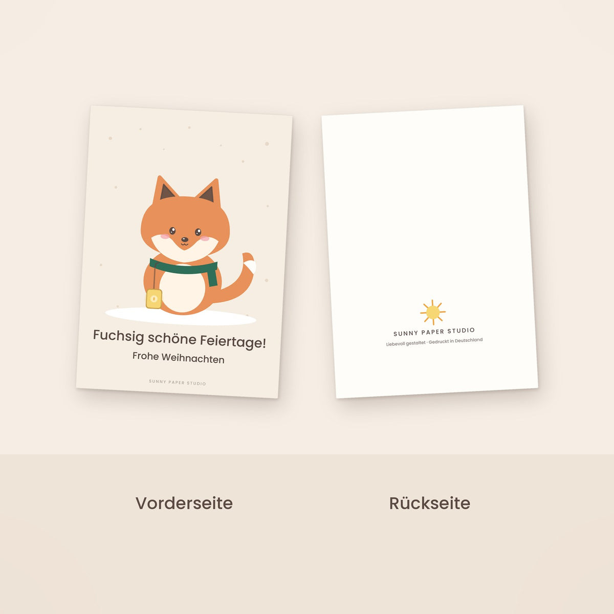 Weihnachtskarte Fuchs Vorder- und Rückseite