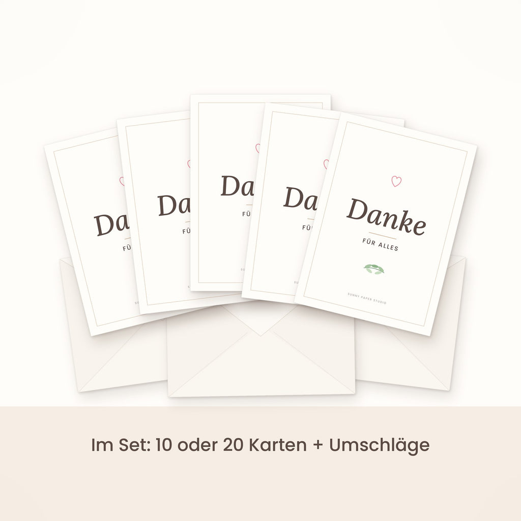 Dankeskarte minimalistisch im Set gefächert mit Umschlägen