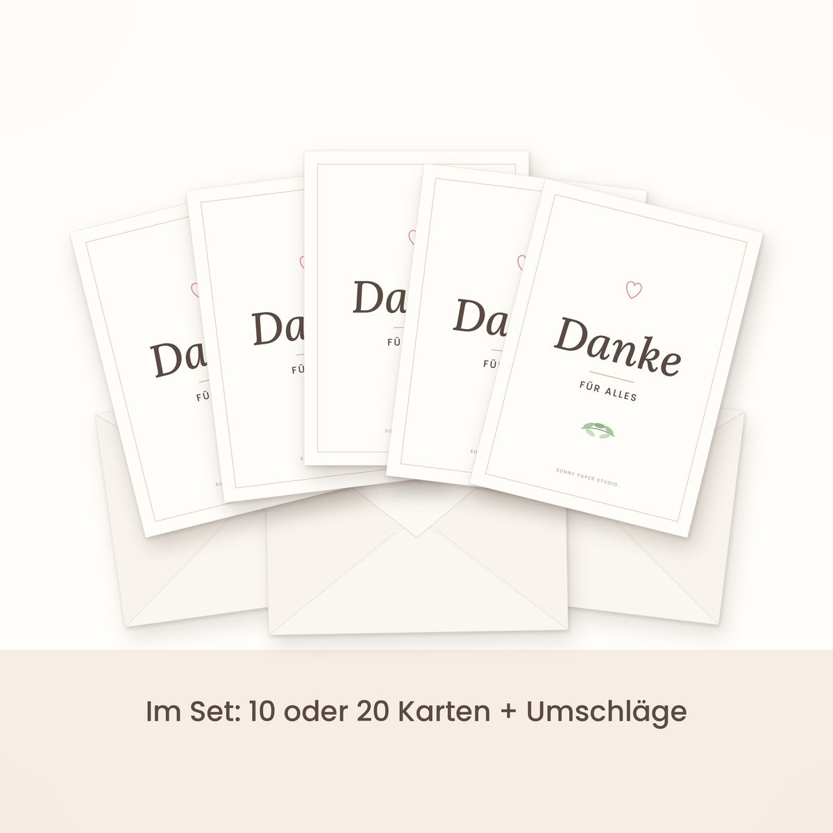 Dankeskarte minimalistisch im Set gefächert mit Umschlägen