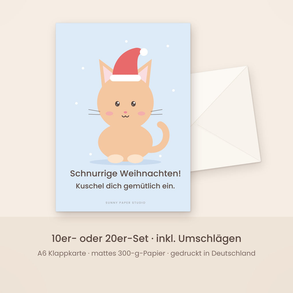 Weihnachtskarte Katze mit Weihnachtsmütze mit Umschlag – Set