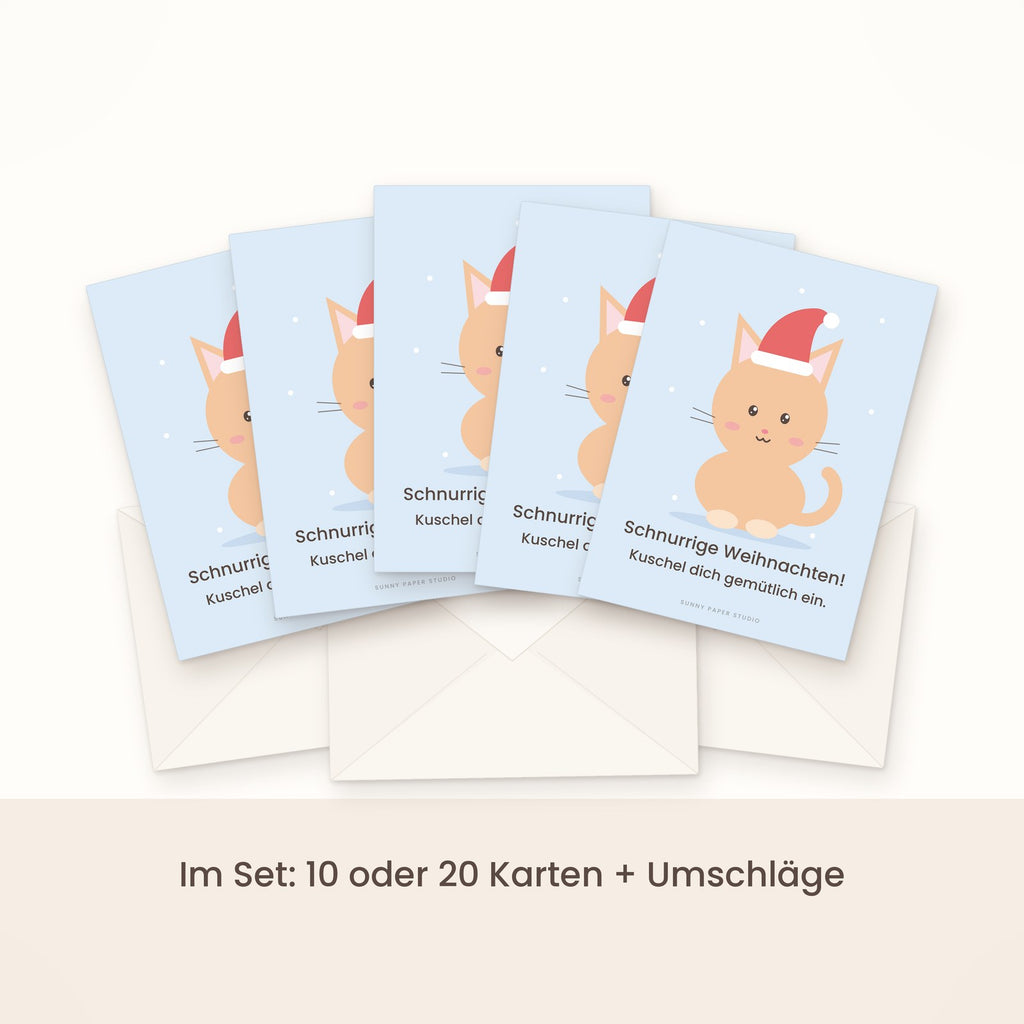 Weihnachtskarte Katze mit Weihnachtsmütze im Set gefächert mit Umschlägen