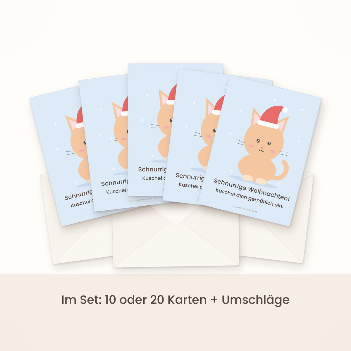 Weihnachtskarte Katze mit Weihnachtsmütze im Set gefächert mit Umschlägen