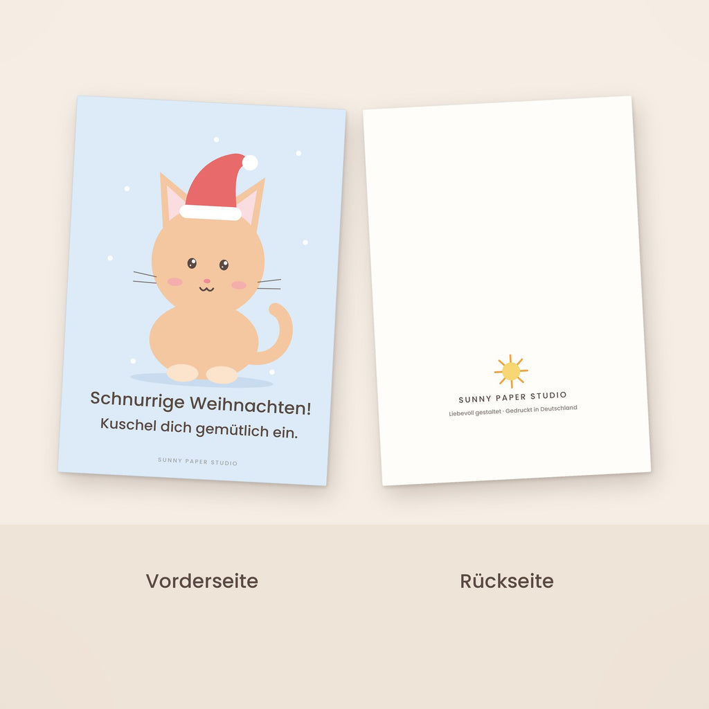 Weihnachtskarte Katze mit Weihnachtsmütze Vorder- und Rückseite