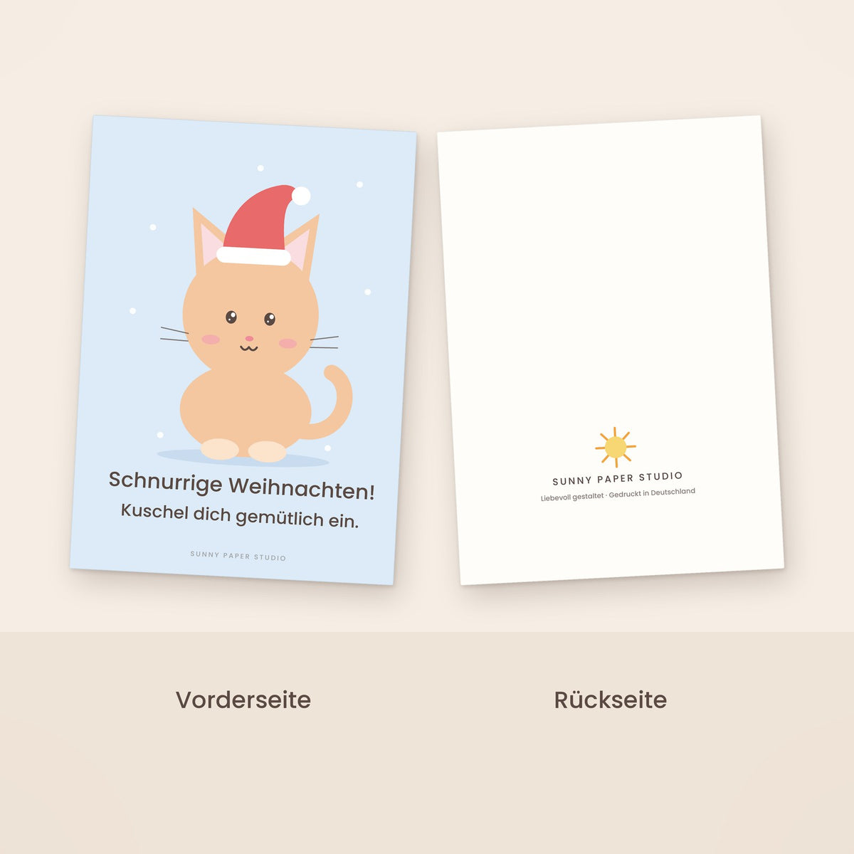 Weihnachtskarte Katze mit Weihnachtsmütze Vorder- und Rückseite
