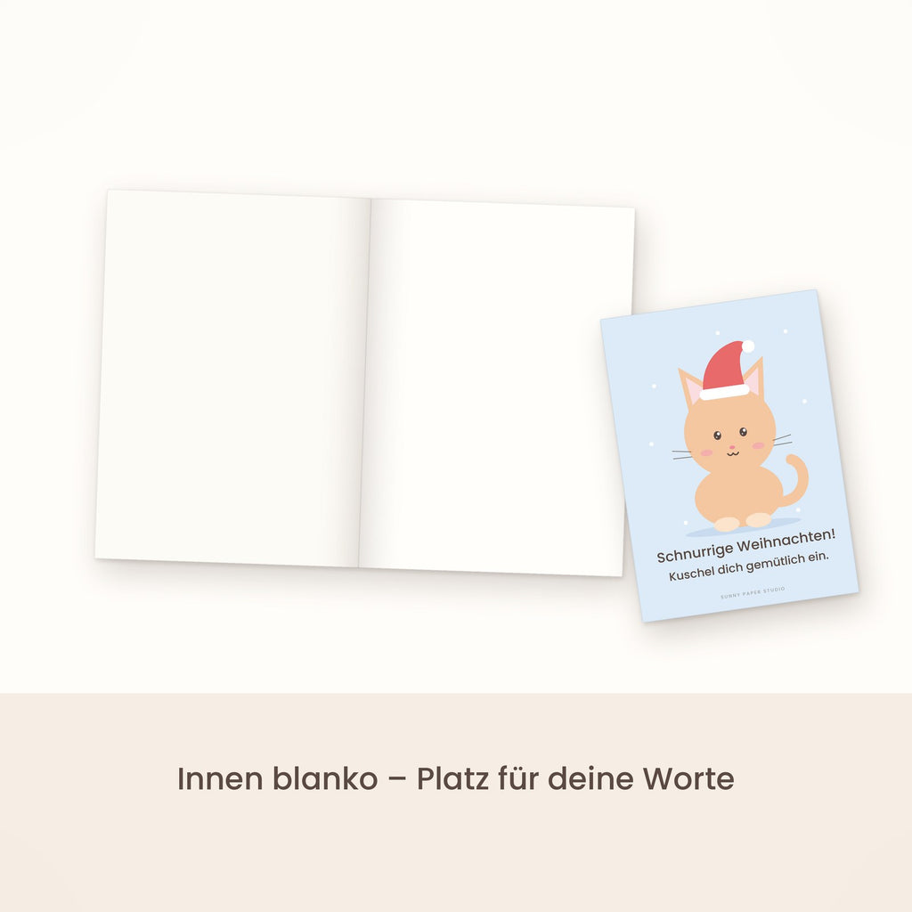 Weihnachtskarte Katze mit Weihnachtsmütze aufgeklappt, innen blanko