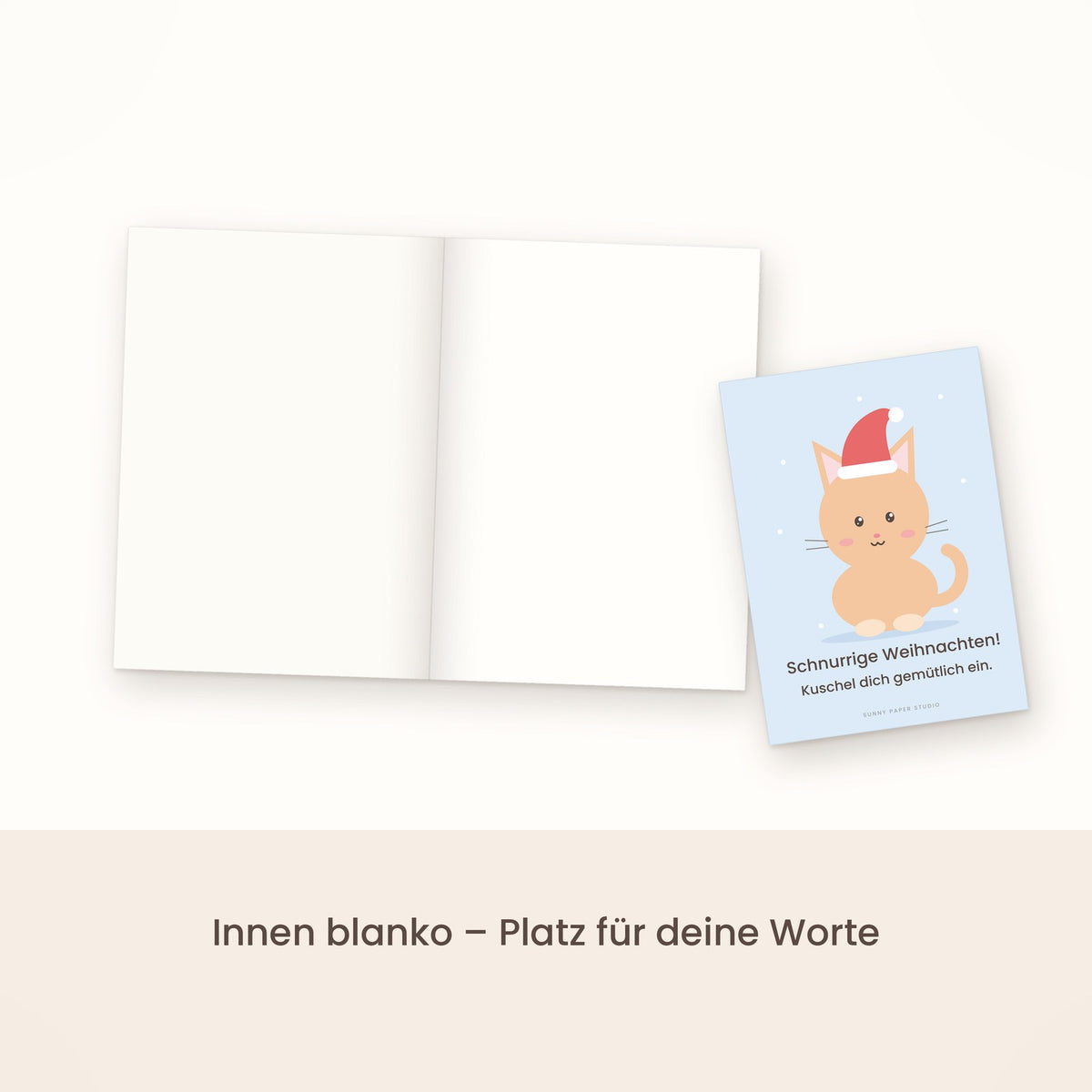 Weihnachtskarte Katze mit Weihnachtsmütze aufgeklappt, innen blanko