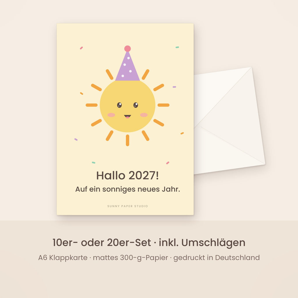 Neujahrskarte Sonne mit Partyhut mit Umschlag – Set
