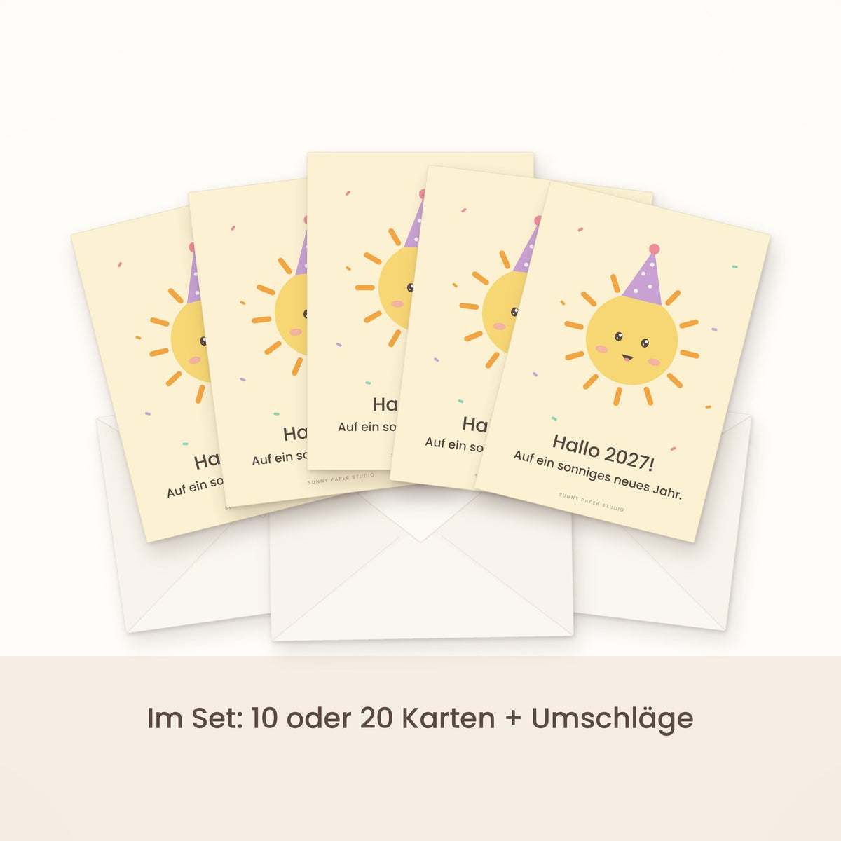 Neujahrskarte Sonne mit Partyhut im Set gefächert mit Umschlägen
