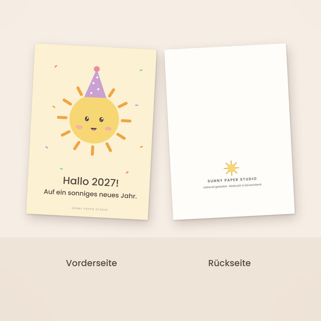 Neujahrskarte Sonne mit Partyhut Vorder- und Rückseite