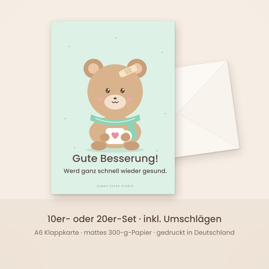 Gute-Besserung-Karte Bär mit Pflaster mit Umschlag – Set