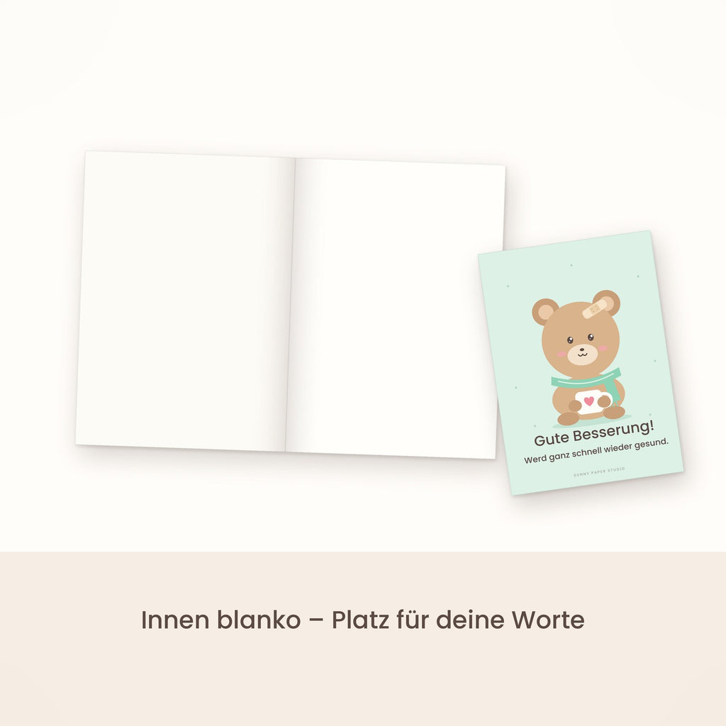 Gute-Besserung-Karte Bär mit Pflaster aufgeklappt, innen blanko