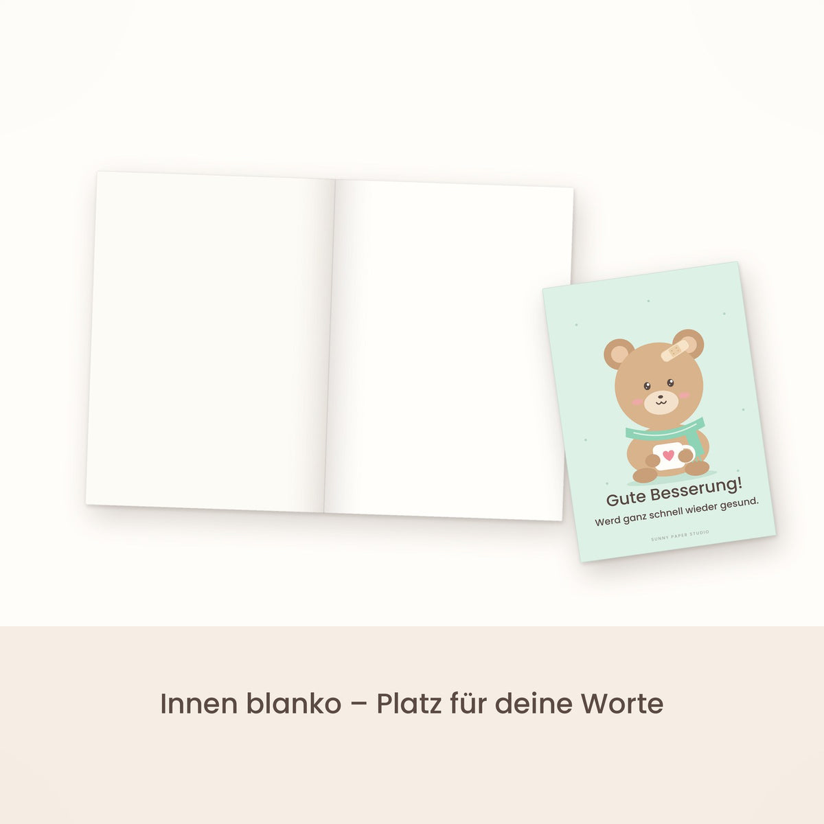 Gute-Besserung-Karte Bär mit Pflaster aufgeklappt, innen blanko