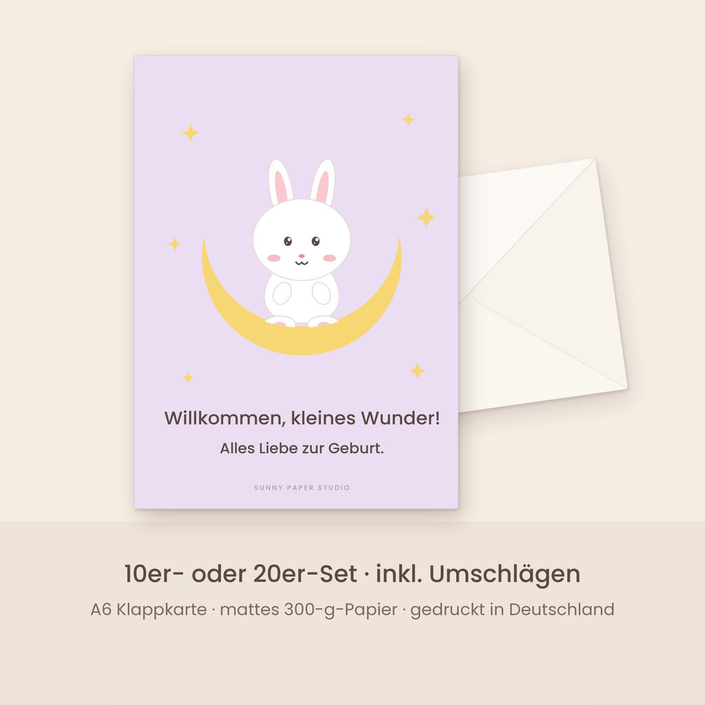 Glückwunschkarte zur Geburt Hase im Mond mit Umschlag – Set
