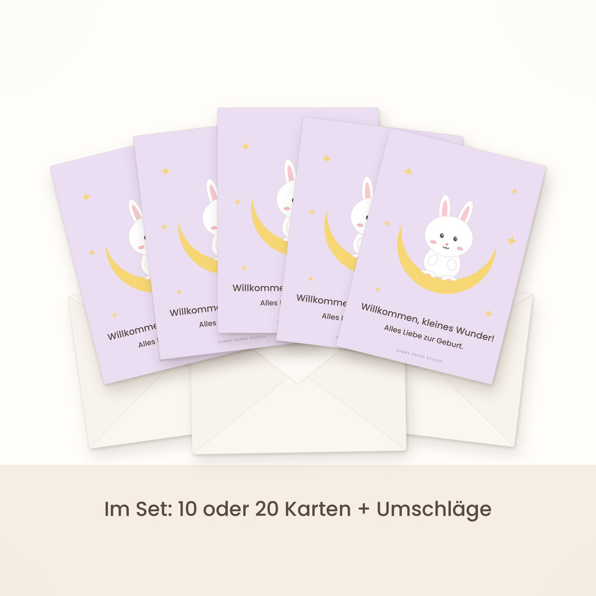 Glückwunschkarte zur Geburt Hase im Mond im Set gefächert mit Umschlägen