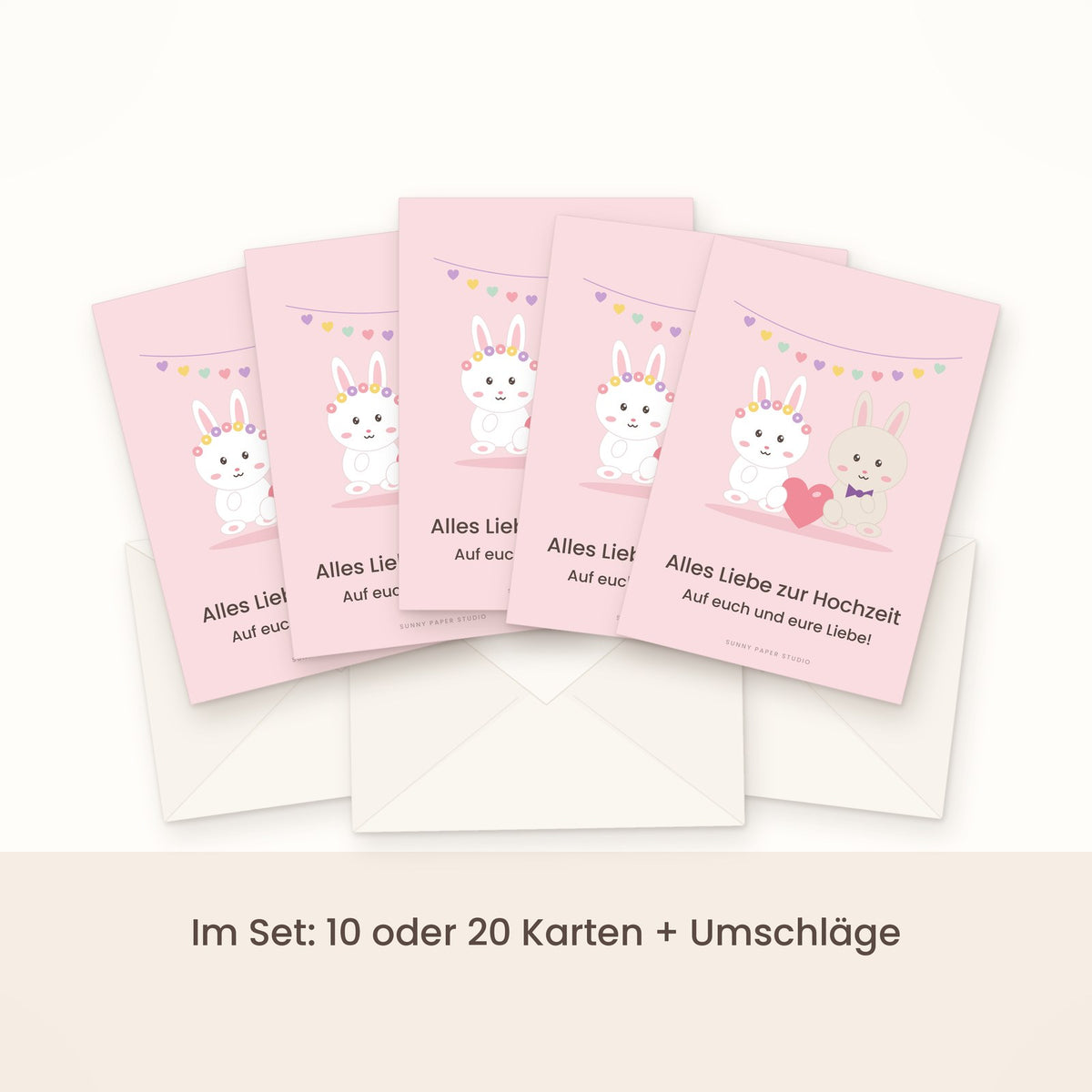 Hochzeitskarte Hasenpaar im Set gefächert mit Umschlägen