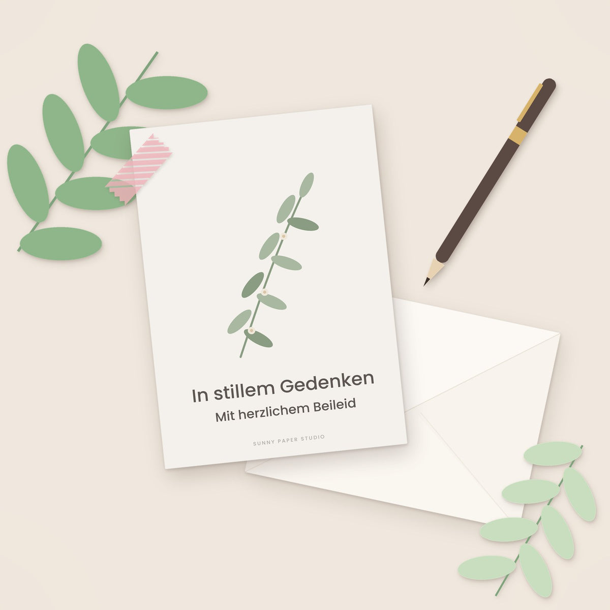 Trauerkarte Olivenzweig auf dem Schreibtisch mit Stift