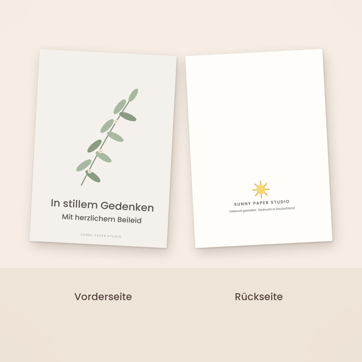 Trauerkarte Olivenzweig Vorder- und Rückseite