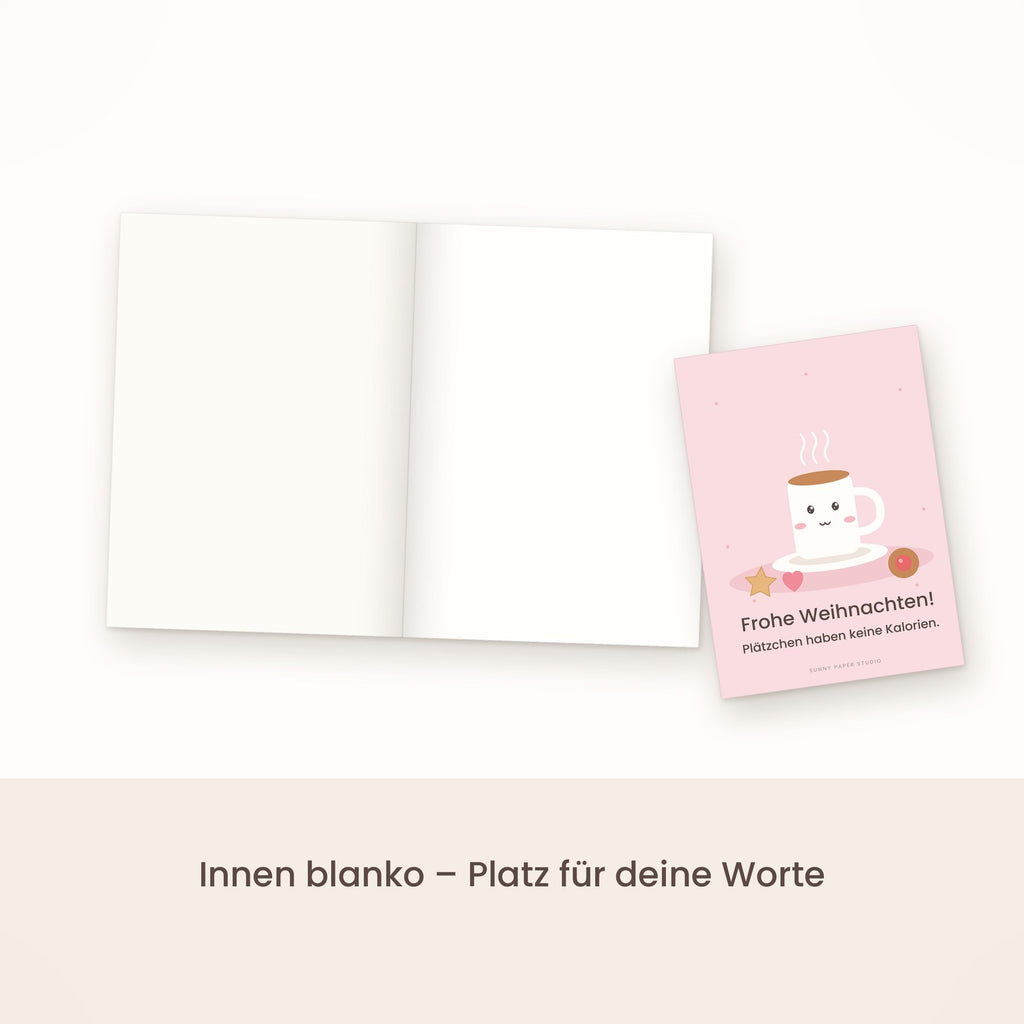 Lustige Weihnachtskarte Plätzchen und Kakao aufgeklappt, innen blanko
