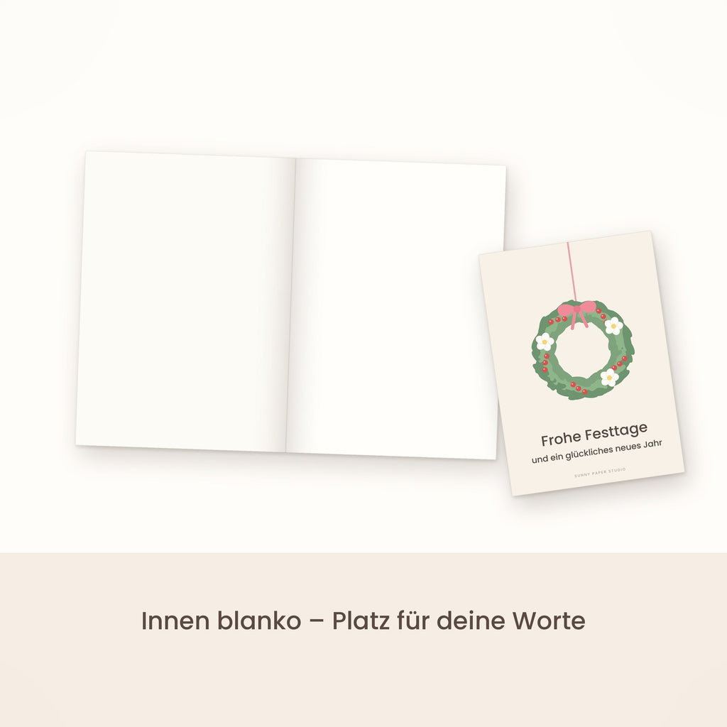 Weihnachtskarte Winterkranz aufgeklappt, innen blanko