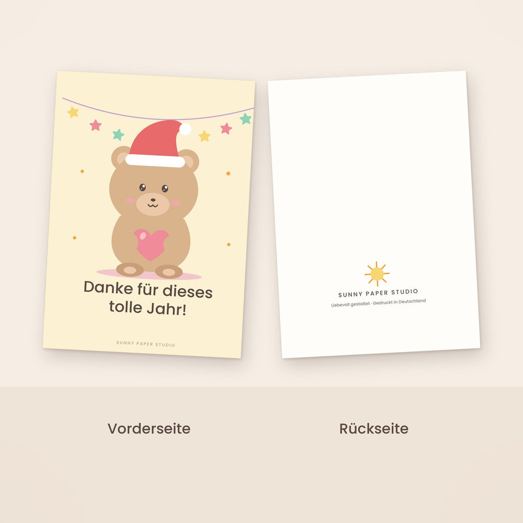 Weihnachtskarte Danke-Bär Vorder- und Rückseite