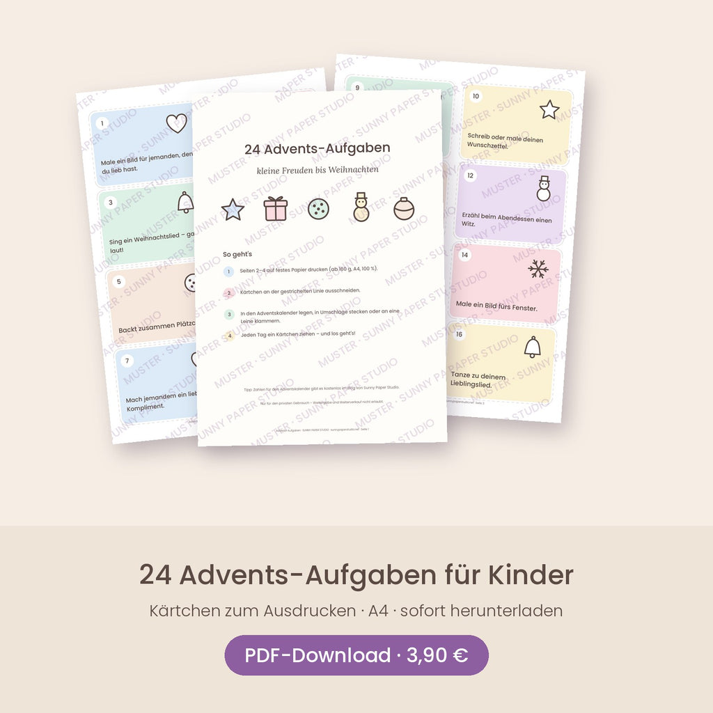 24 Advents-Aufgaben für Kinder – Kärtchen zum Ausdrucken, PDF-Download