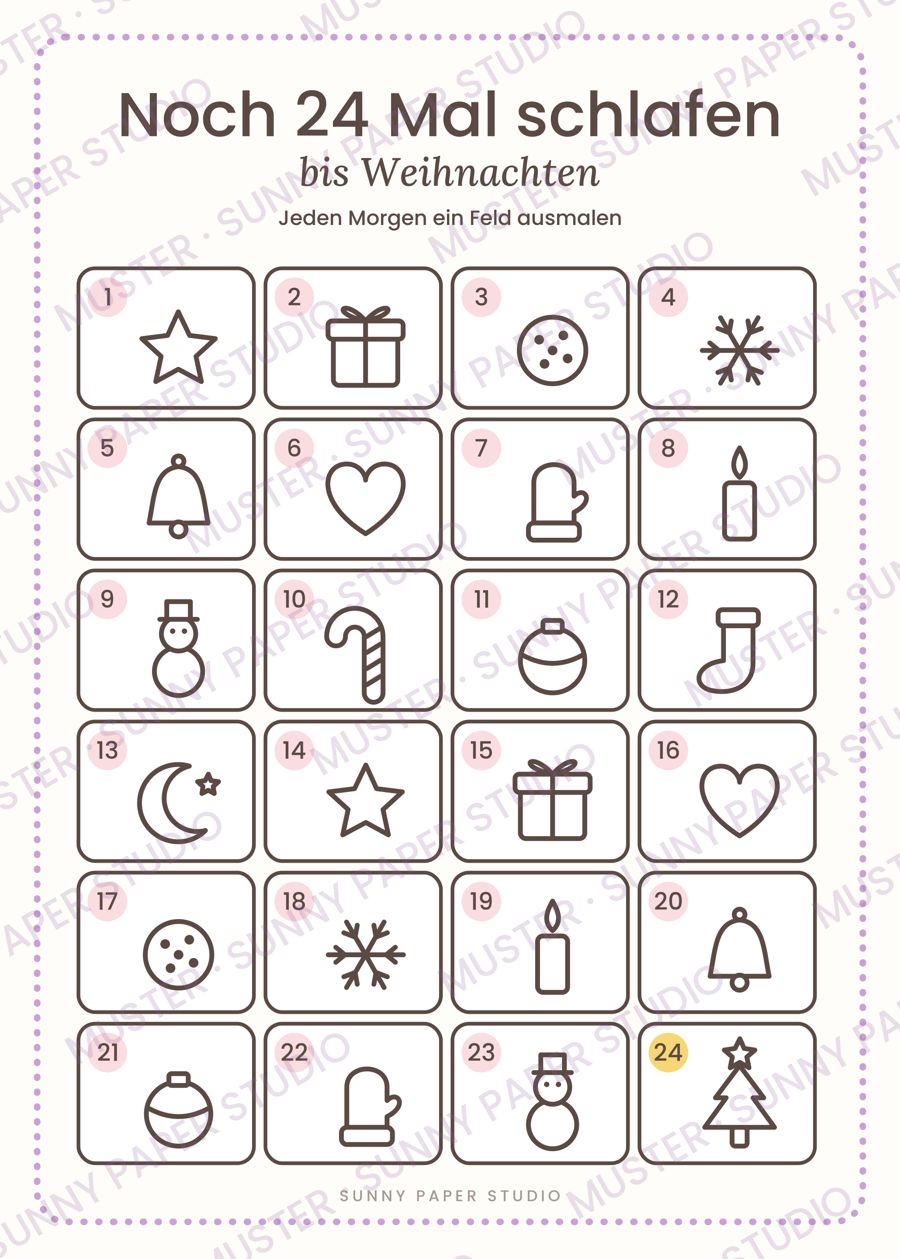 Vorschau Advents-Countdown-Poster zum Ausmalen (Muster) – 24 Felder bis Weihnachten