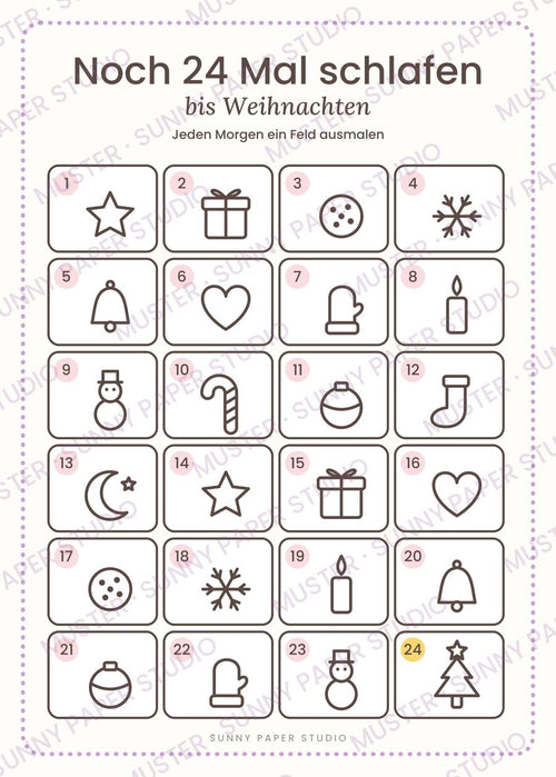 Vorschau Advents-Countdown-Poster zum Ausmalen (Muster) – 24 Felder bis Weihnachten
