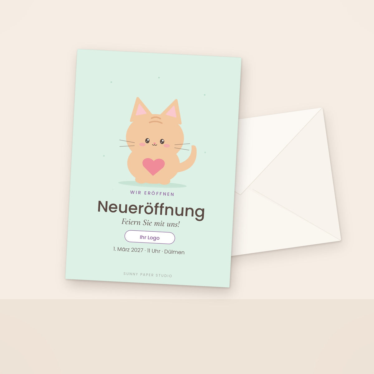 Einladung zur Neueröffnung mit Katze und Logo
