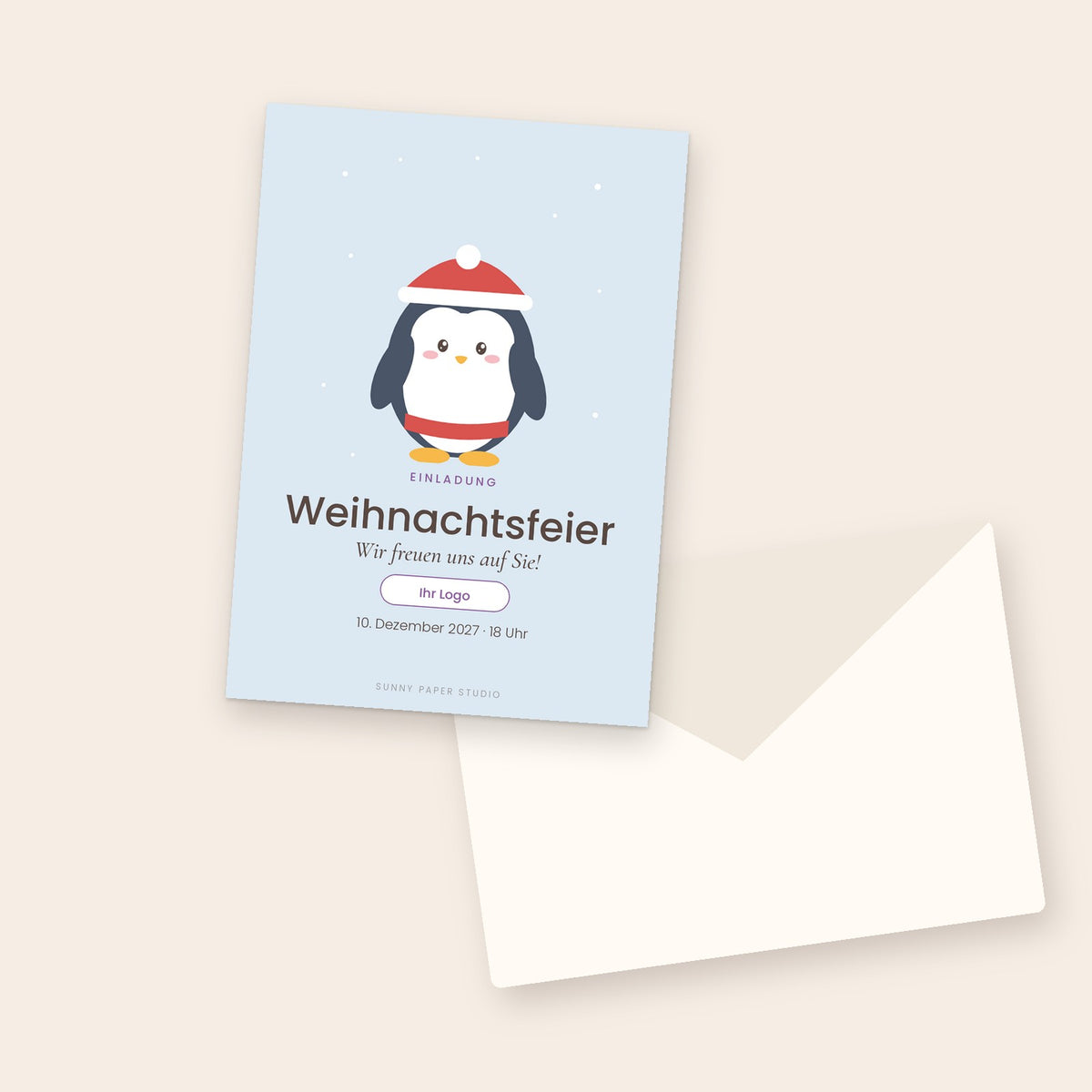 Einladung zur Weihnachtsfeier mit Pinguin und Logo