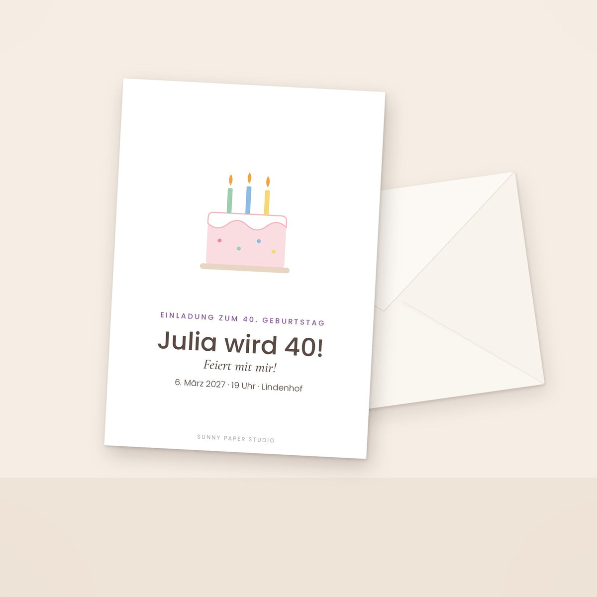 Personalisierte Einladung zum runden Geburtstag mit Torte