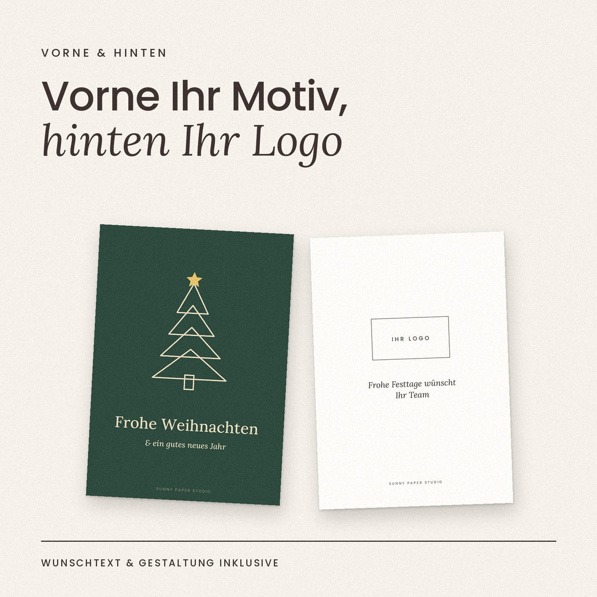 Weihnachtskarte vorne mit Motiv, hinten mit Firmenlogo