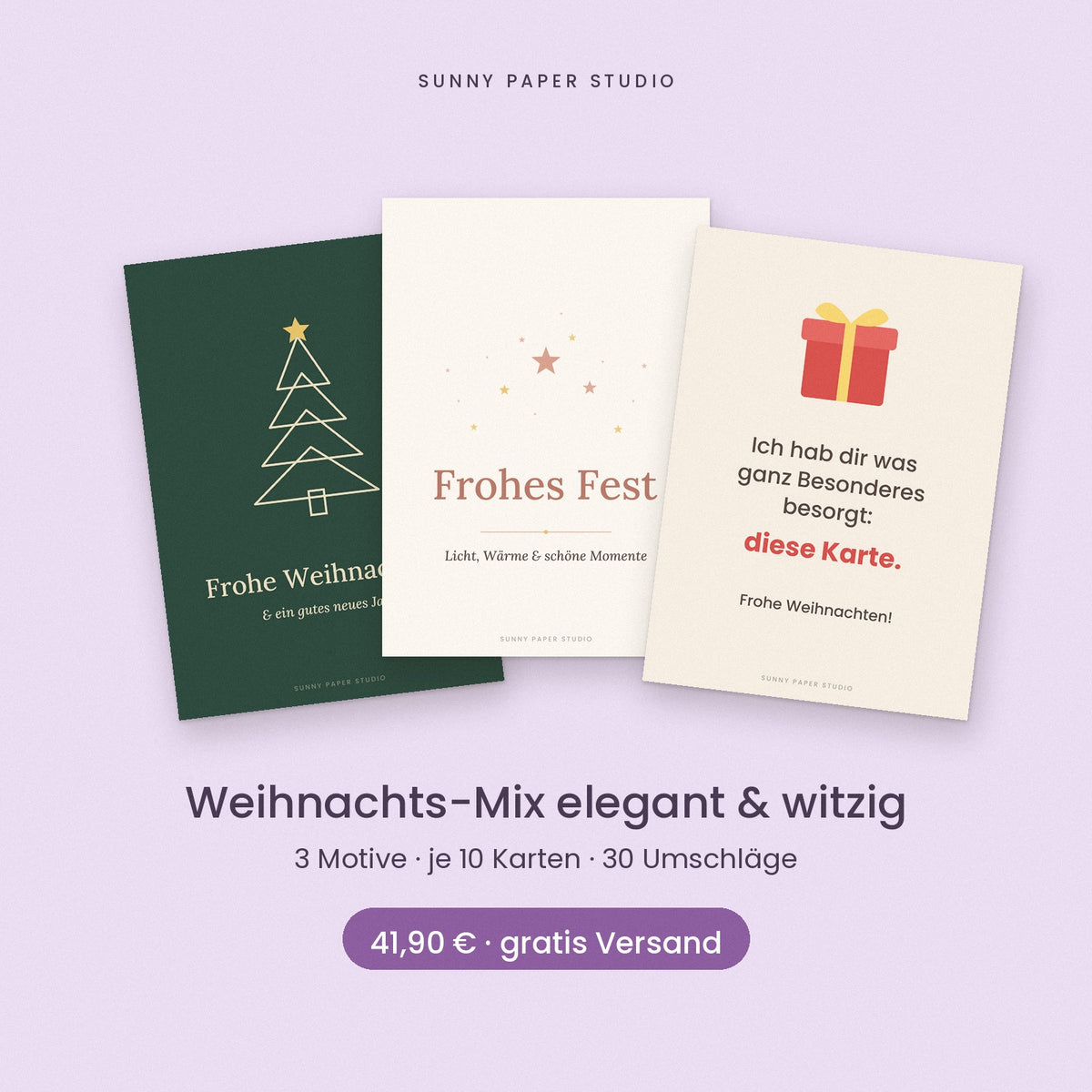 Weihnachts-Mix elegant & witzig: 30 Karten mit 3 Motiven im Set