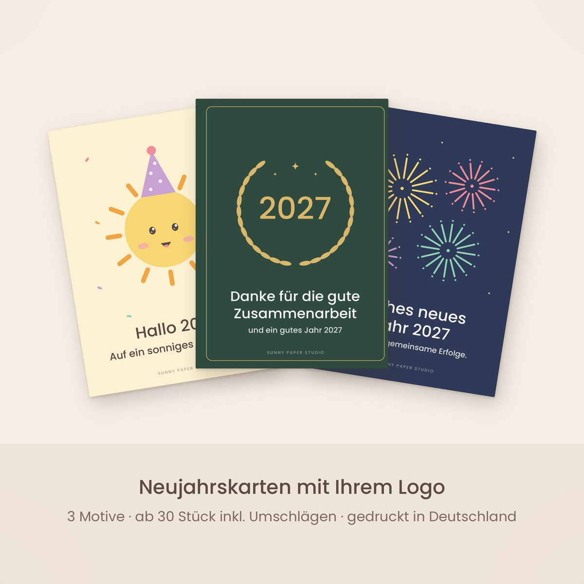 Neujahrskarten für Firmen mit Logo – 3 Motive im Fächer