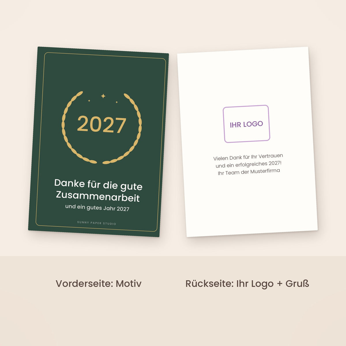 Neujahrskarte vorne mit Motiv, hinten mit Firmenlogo und Gruß