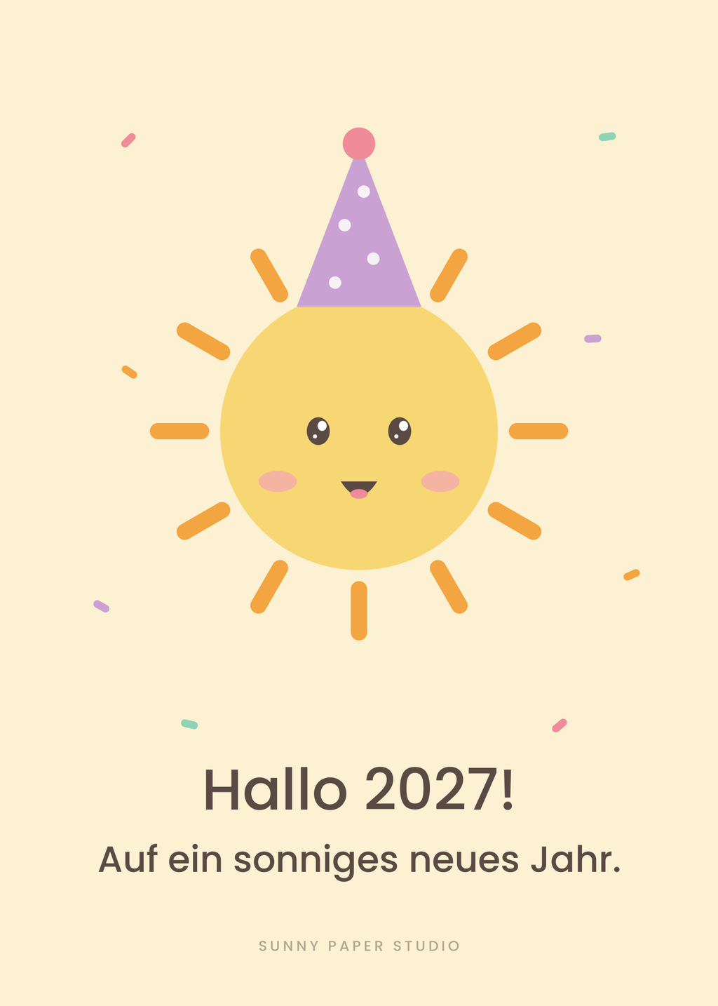 Neujahrskarte Sonne mit Partyhut „Hallo 2027!“ – Motiv